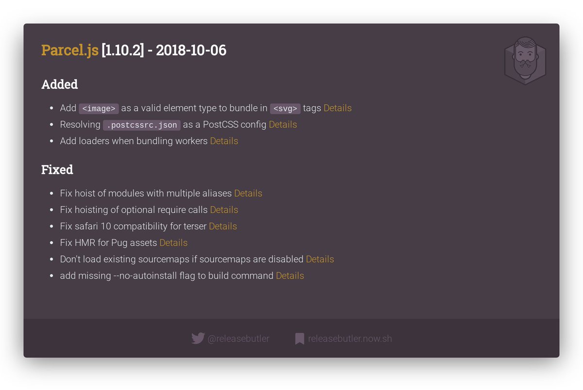 releasebutler's tweet photo. 🔥 New Parcel.js Release 🚀
  
📦 v1.10.2 
🐛 FIX RELEASE 🎉

🏷️ #parcel #parceljs #zeroconfig #0config #bundler #javascript #release #changelog #releasebutler

🔗 https://t.co/5RqXDktDV2 https://t.co/yfycw54wQ1