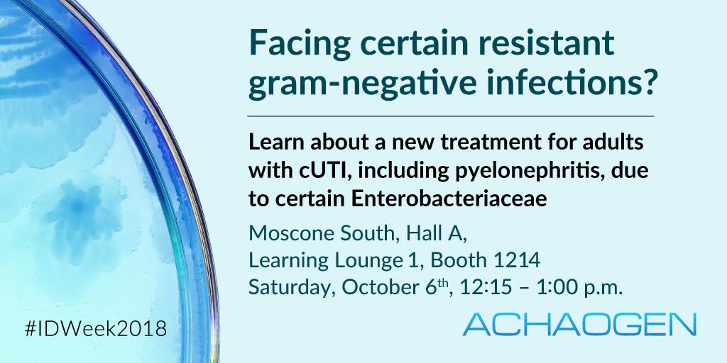 achaogen's tweet image. Our posters 1964 and 2060 at #IDWeek2018 show what we've learned in our efforts to help address certain gram-negative infections. Come by and see us today!
