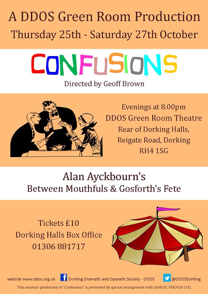 Tickets are now on sale for Confusions by Alan Ayckbourn!
Book your £10 tickets here: bit.ly/2OEcsXE or call <a href="/DorkingHalls/">Dorking Halls 🍿🎭</a> box office on 01306 881717