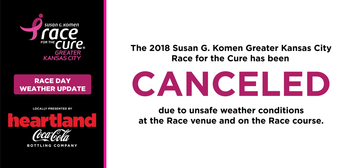 komenkswmo's tweet photo. #KomenKC Race for the Cure has been CANCELED! Due to weather and out of a concern for the safety and security of our Race participants, vendors, sponsors and volunteers we are canceling the 2018 Susan G. Komen Race for the Cure scheduled for later today, October 6. https://t.co/BQauWquIFy