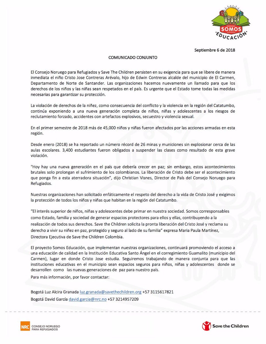 NRC_LAC's tweet photo. Hoy hay una nueva generación en riesgo en Colombia como consecuencia de la violencia. Persistimos en nuestra exigencia para que se libere al hijo de Edwin Contreras en El Carmen. Lea nuestro comunicado conjunto @savechcolombia @NRC_LAC https://t.co/cm77VkO83a