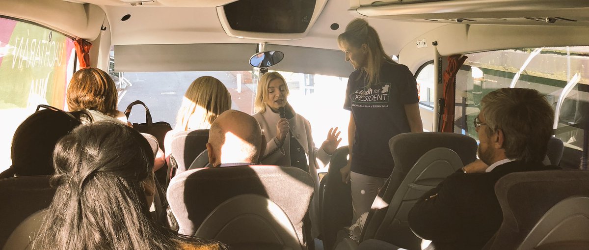 ChrisHazzardSF's tweet photo. Busy Ard Chomhairle this morning and now Liadh is serenading us onto the bus in #Derry #LiadhForPresident #Aras18 https://t.co/Sbx4NZPjrR