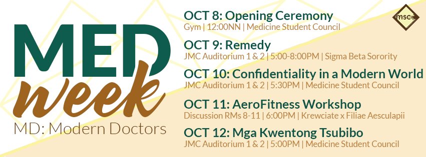 uermmsc's tweet photo. Get ready for a week full of insightful events and activities!
This coming MedWeek, the MSC has organized a series of events to keep us engaged with the culture of doctors in the modern world and to simply have fun!
https://t.co/UKmJiuAtZN
#ModernDoctors
#MedWeek2018 https://t.co/FL658nc3Sr