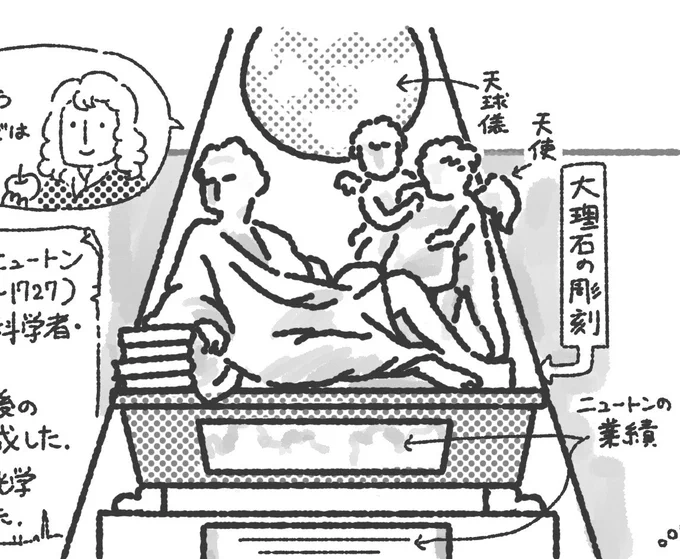 あとこのニュートン像の絵、陰影をつけたら「ディスコボールの下でくつろいでる大御所」って感じになってしまった。 