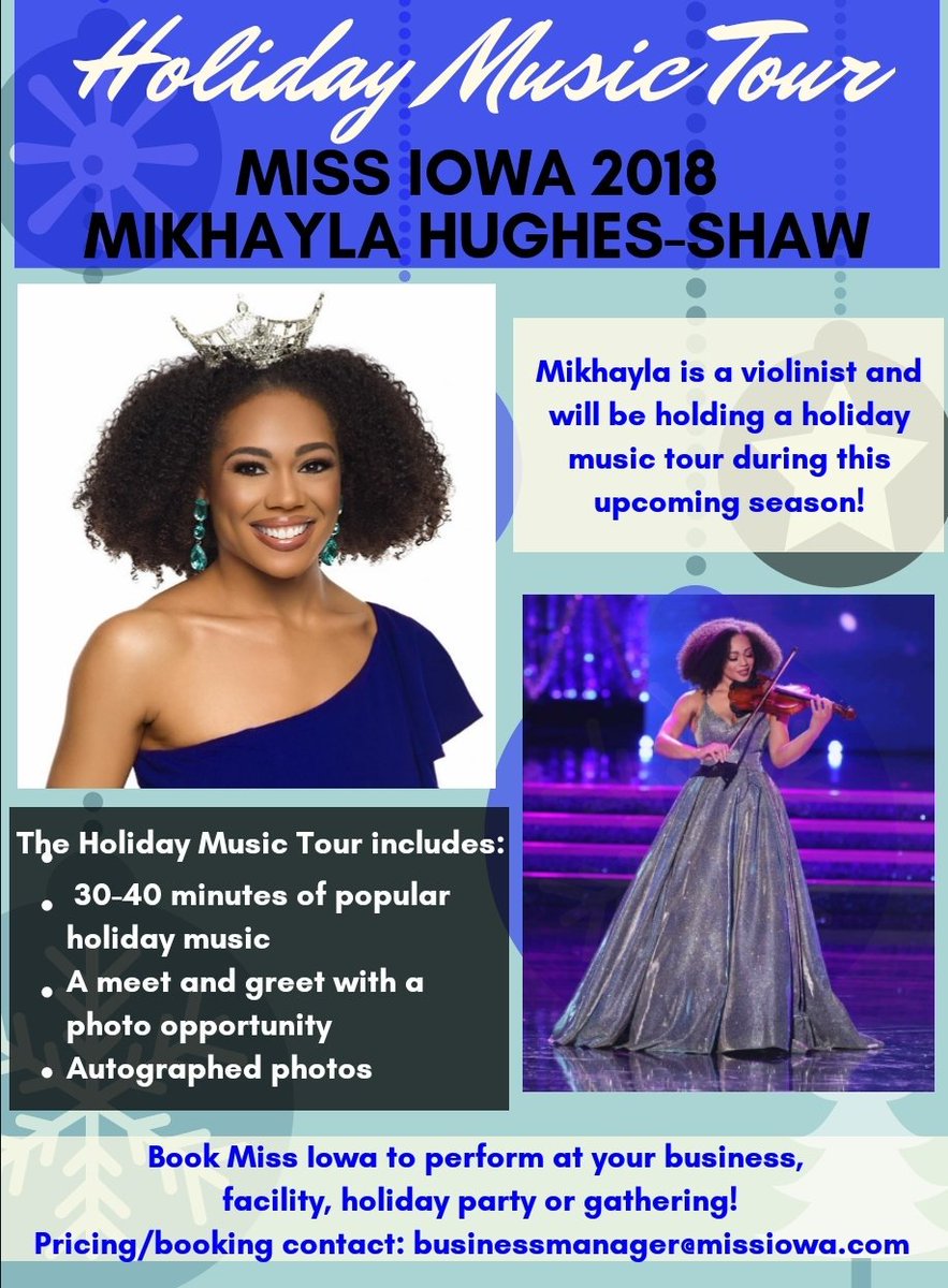 BIG NEWS. ❄⛄ I'm going on tour! PLEASE SHARE!

Do you want Miss Iowa to perform at your business, facility, holiday party or gathering? 🎶

For pricing and booking, contact: businessmanager@missiowa.com