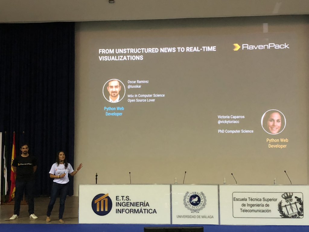 breandan's tweet photo. Last talk of the day at #PyConES2018, “From Unstructured News to Real-Time Visualizations”: a sponsored talk from @RavenPack developers @tuxskar &amp; @vickytoriacc. Algorithmic trading with data enrichment. Second algo trading firm I’ve seen at PyCon. Seems like a big area in Spain. https://t.co/eddSXwueMZ