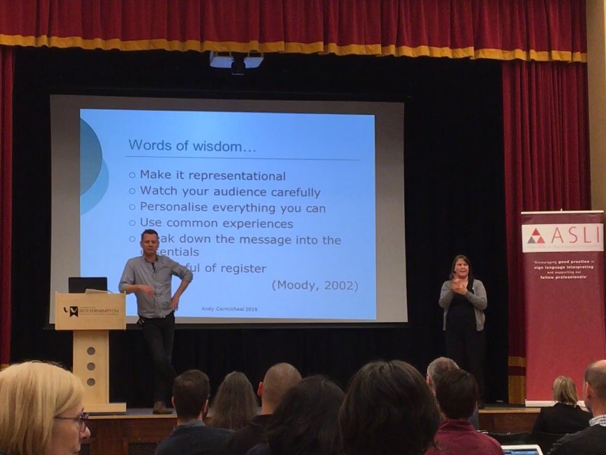 ASLIuk's tweet photo. @AndyCar70 quotes Bill Moody’s basic principles for #InternationalSign (#IS) (2002) - make your signs representational, audience-driven, sensitive of the appropriate register, personalised, and boiled down to the essential meaning. #ASLIAGM https://t.co/MOXiApVypF