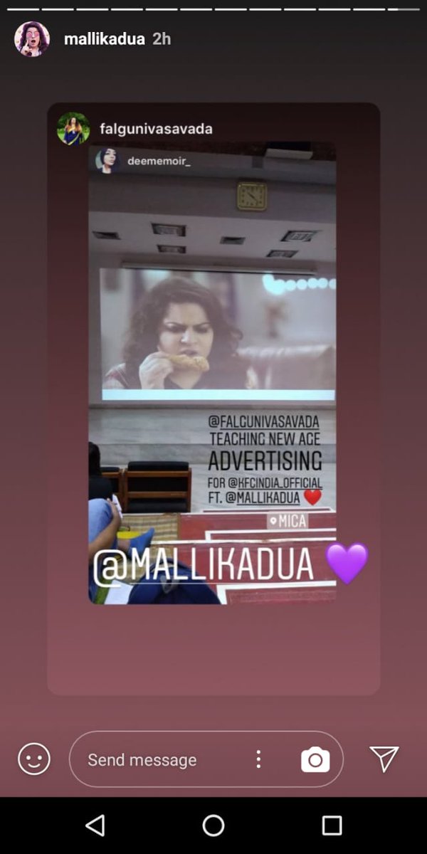 amrutha0293's tweet photo. The moment when @MallikaDua posts about MICAn Prof @falgunivasavada . How cool is that !!!
#MICAadswag #Advertisingclass https://t.co/EAlmPRh9OK