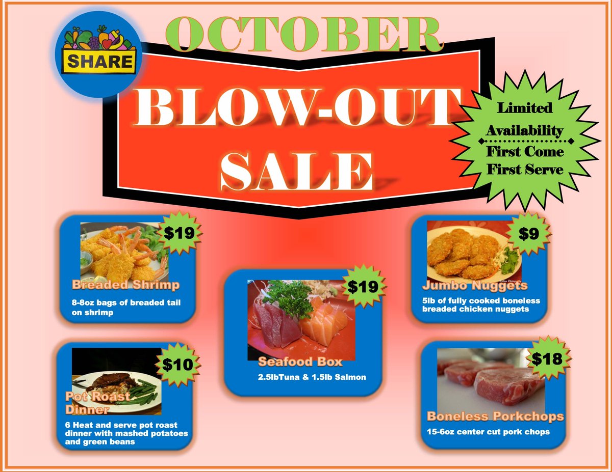 SHARE_dc's tweet image. Hello Loyal SHARE Customers!
Check out these amazing October Blow Out Items!  This month only, in VERY LIMITED quantities, on a FIRST COME, FIRST SERVED basis.  Interested in grabbing some great packages at incredible prices?  Call your Host Site Coordinator right away!
