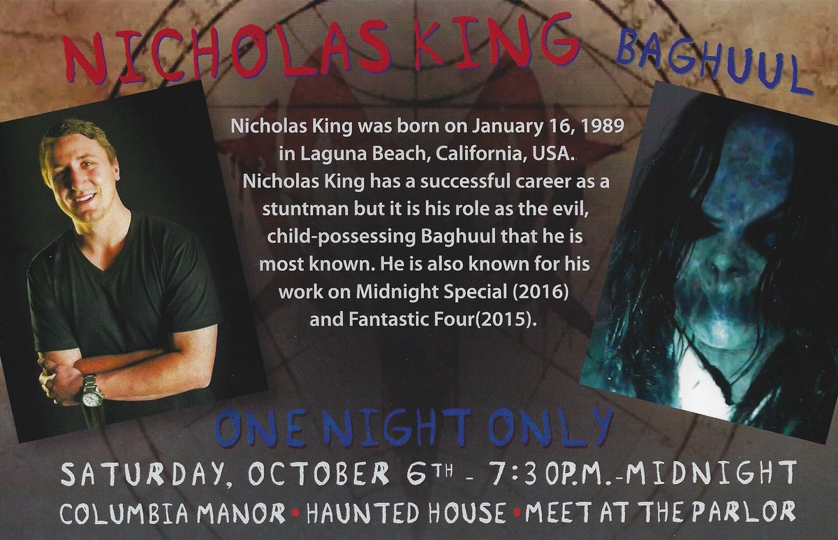 ryanmills83's tweet photo. TONIGHT ONLY!!!! Come to Columbia Manor and meet @imnickking08 , the actor who played Bughuul in Sinister and Sinister 2, from 7:30-midnight. #columbiamanor #hauntedhouse #sinister #bughuul #nickking https://t.co/xALkACH7rr