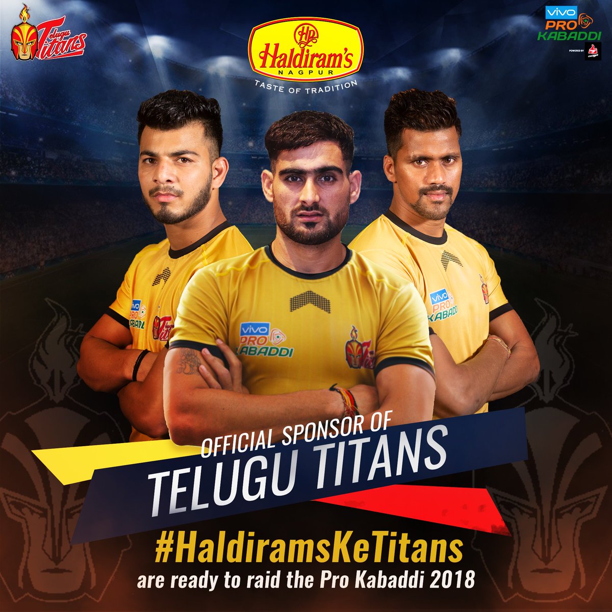 NagpurHaldirams's tweet photo. Haldiram’s is proud to introduce their daredevil team waiting to take panga at Pro Kabaddi 2018. 
Meet the All-rounder and Raiders of @Telugu_Titans.
Stay tuned for more.
.
#HaldiramsNagpur #Official #Sponsor #prokabaddi #sports #kabaddi #telugutitans #HalidramsKeTitans #lepang https://t.co/j5TXYKdYaE