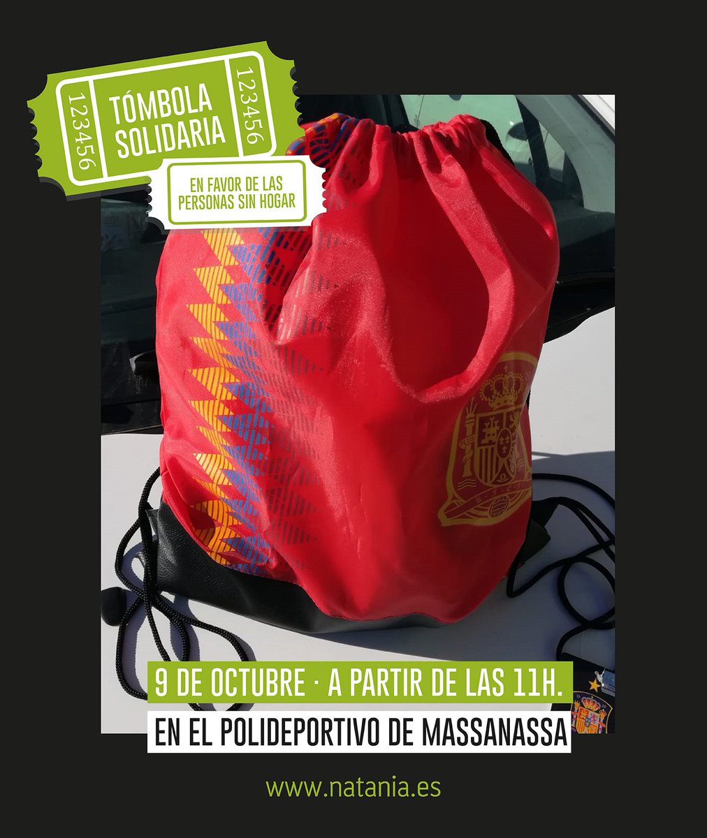 asocnatania's tweet photo. ¿Os gusta esta mochila de la Selección Española de Fútbol? En la 💚#TÓMBOLASOLIDARIA💚 puede ser tuya. ¡Ven a visitarnos!
📅 9 de Octubre
📍 En el Polideportivo de Massanassa
🕚 A partir de las 11h.
·
#ProyectoRehoboth #Solidaridad #SinHogar #Sinhogarismo #Massanassa #9Octubre https://t.co/NRLQQk6Zk3