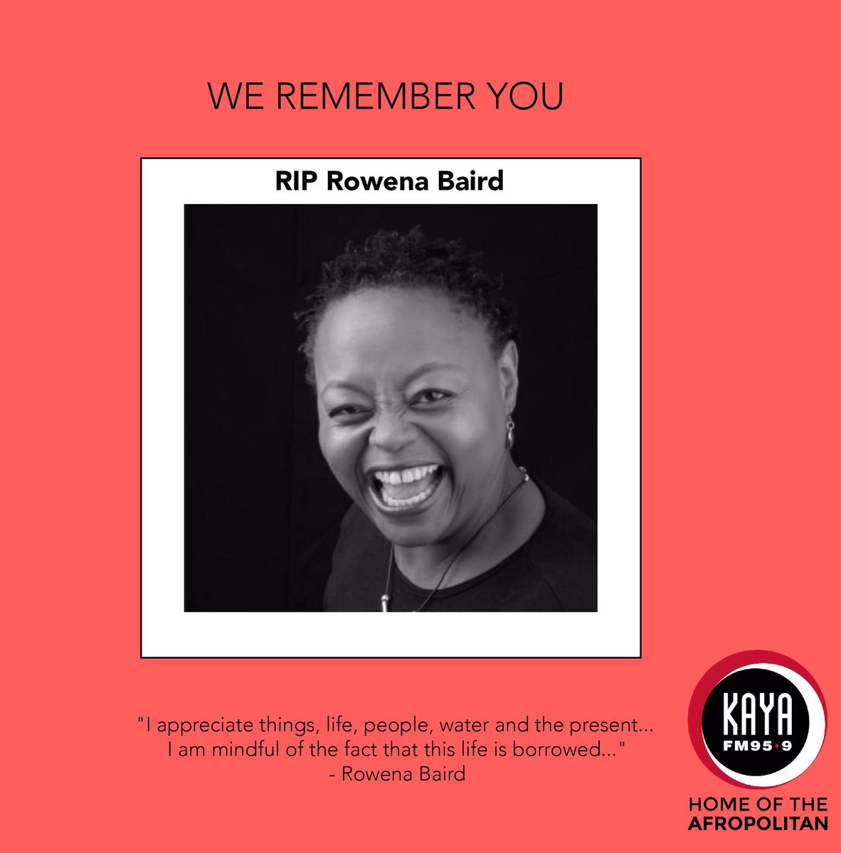 KayaON959's tweet photo. [A LEGEND HAS FALLEN] Radio veteran and former Kaya FM presenter Rowena Baird has passed. Our deepest condolences to her family and friends. #RIPRowenaBaird https://t.co/8aYuhqSX77