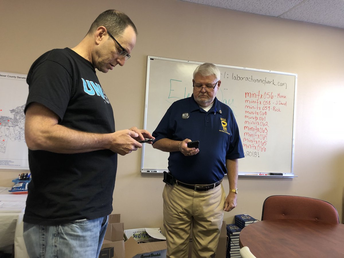 TexasAFLCIO's tweet photo. .@AFGENational president @JDavidCoxSr block walking in San Antonio, Texas in support of working people candidates @BetoORourke @GinaOrtizJones @NelsonForTexas @LupeValdez @mikeCollier #TxLabor @TexasAFLCIO @RickTxAFLCIO #1u https://t.co/38CEDbhJ2z