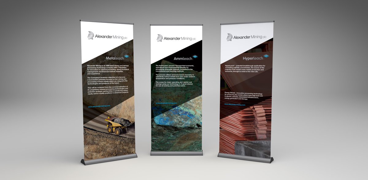 Continuing our work with mineral processing tech company, Alexander Mining plc, we created a set of banner stands for use at investor relations shows around the UK.
#grahicdesign #corporatedesign #investorrelations #bannerstands #informationdesign #mineralprocessing #mining
