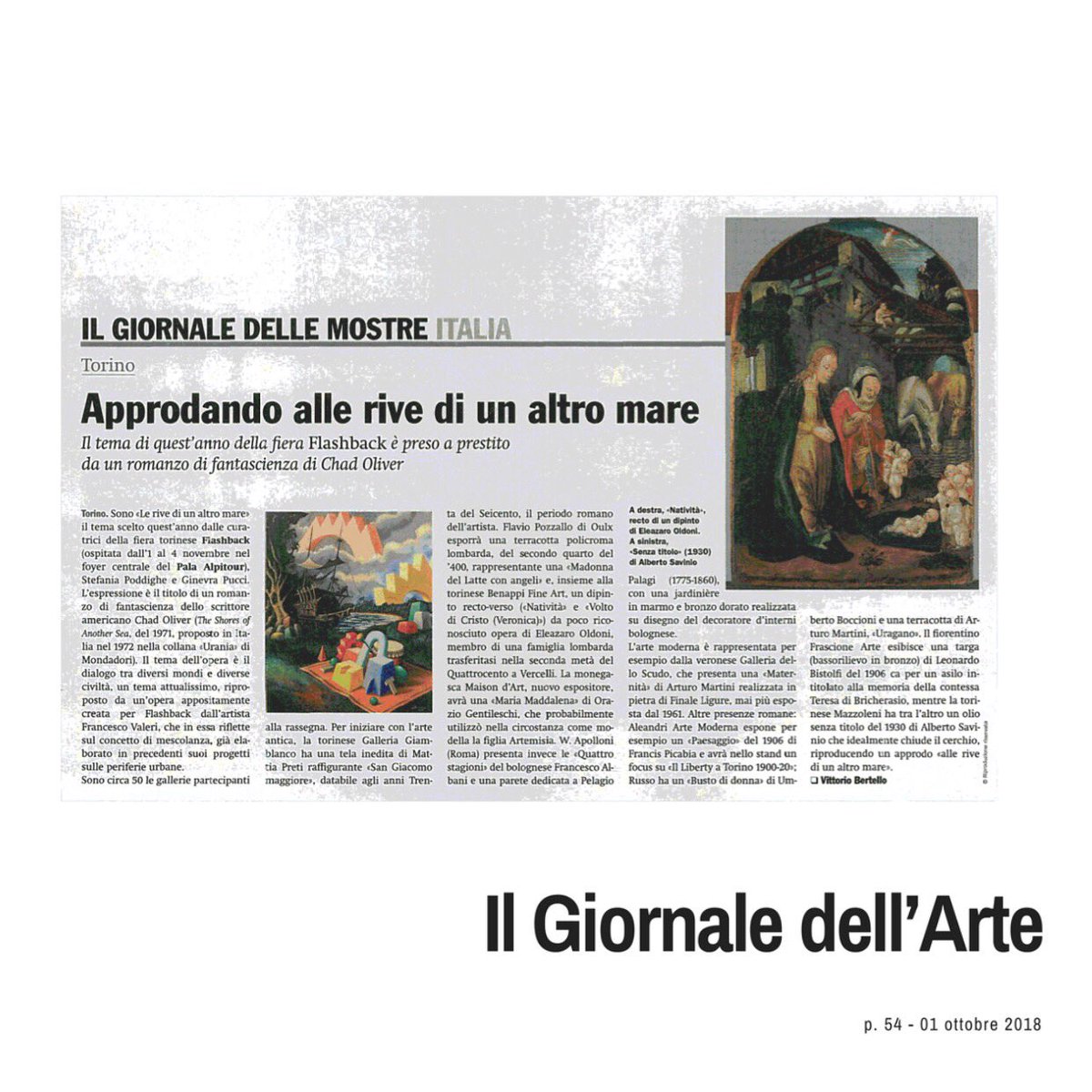 Flashback_TO's tweet photo. 🗞 Condividiamo con voi l’articolo uscito su Il Giornale dell’Arte, pubblicato lo scorso 1 ottobre 2018. FLASHBACK FAIR dal 1 al 4 novembre, Pala Alpitour, Torino! #FlashbackTorino #FlashbackFair #Arte #ArtFair @giornaledellArt https://t.co/taLIVMeFKq