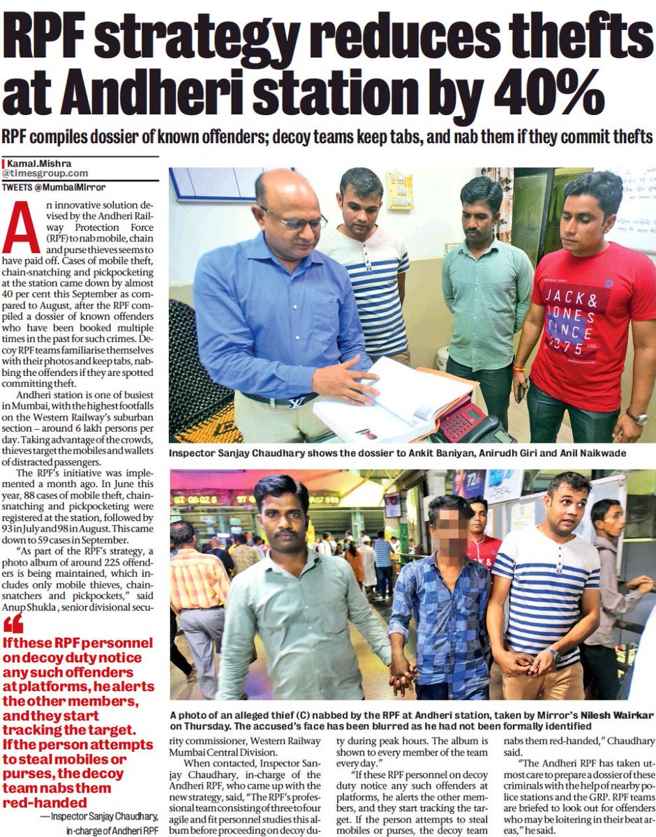 PiyushGoyal's tweet image. Railway Protection Force has tackled incidents of theft at stations by compiling a dossier of repeat offenders and by forming decoy teams, helping reduce cases of thefts by 40% at Andheri Station in Mumbai.