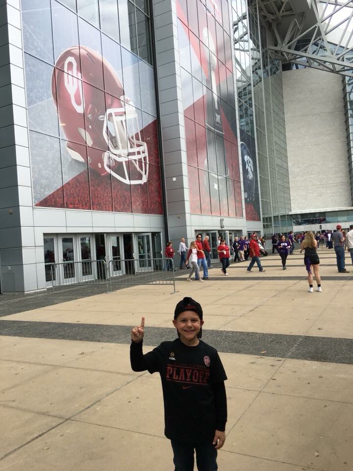 BTChristensen's tweet photo. Update on Luke: he’s in recovery from surgery last night. Doctors are monitoring his hip and lungs. All of this has been unexpected for his family! I know he’d be watching his @OU_Football Sooners beat Texas today if he could! @TheKylerMurray @bakermayfield #LiftUpLuke https://t.co/IH2Bnthgpw