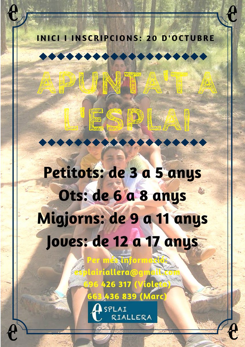 Nens i nenes, pares i mares, com cada any, ja està tot apunt per començar el nou curs amb moltes activitats! T'ho perdràs? T'esperem cada dissabte a partir del 20 d'Octubre! #EsplaiRiallera