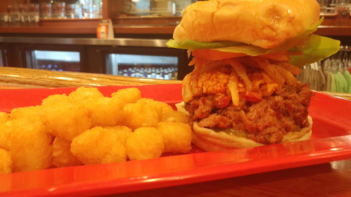 Lunch special today! Bourbon BBQ pulled pork topped with house made pimento cheese, buttermilk fried onions and pickles! #youwantourmeats #beerarmyburgercompany #downtownnewbern