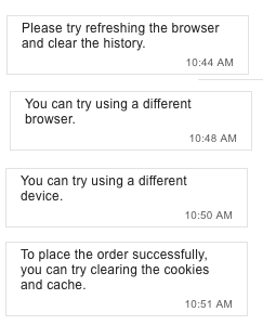 reececouchman's tweet photo. @ZARA_Care @ZARA Awful customer experience via your live chat, I have a server error completing your checkout and your 'advice' is as per attached image. No apology, no attempt to replicate &amp; no understanding of my issue other than generic template responses.

#CustomerExperience https://t.co/sdGl8qD4sm