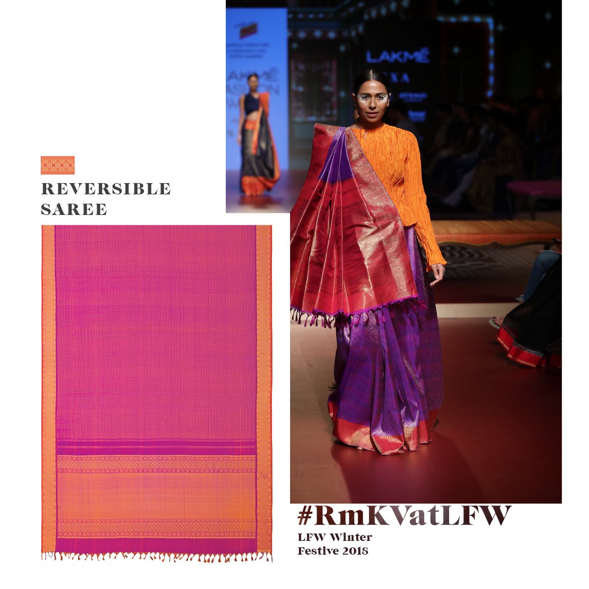 PradeepAdvika's tweet photo. Two striking sides to the same silk saree. This reversible saree features a lavender body contrasted with a red border. Paired here with an orange silk top. 

#RmKVatLFW #RmKVSilks #RmKV #SilkSarees #Silk #Sarees #SareesofIndia https://t.co/2JrlkxeHJy