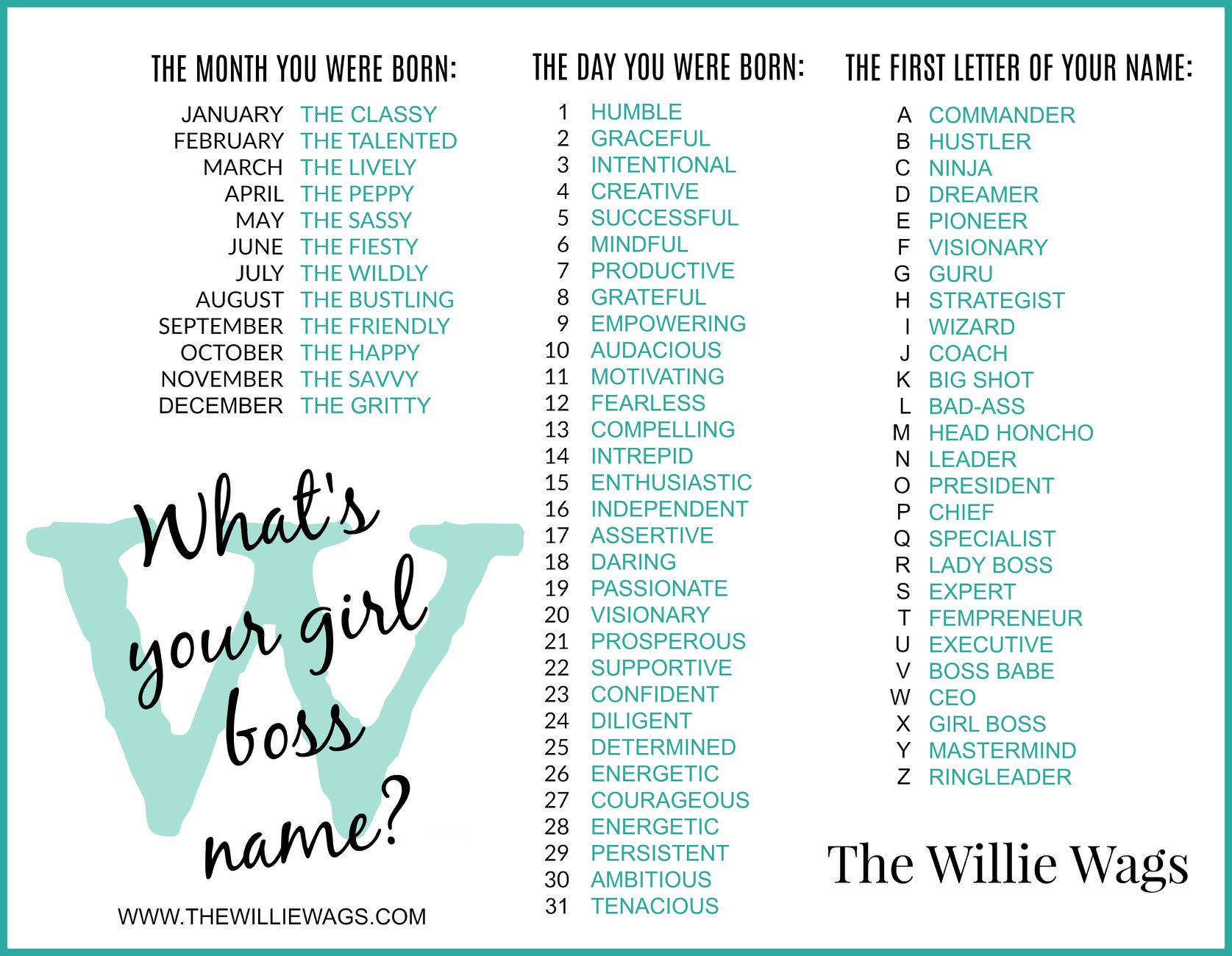 The Willie Wags These Are Always Fun What S Your Girl Boss Name There Is No Bad Answer On This One Girlboss Thewilliewags Namegenerator Womenowned T Co Trt8kdllos