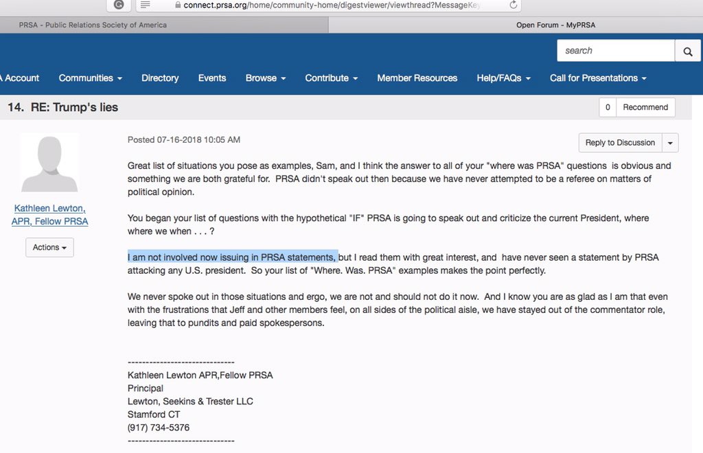 marybethwest's tweet photo. FACT CHECK: Is Past Nat’l @PRSA Chair Kathy Lewton on Advocacy Committee as Chair D’Angelo just reported to Assembly... or not? On 7/16/18, Ms. Lewton reported “I am not involved now issuing...PRSA statements” — but that’s exactly what Advocacy does. #PRSAAssembly #TakeBackPRSA https://t.co/MSIc6x31Ek