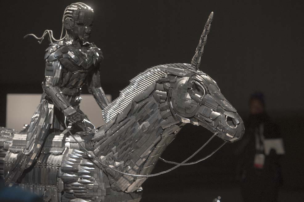 nuitblancheTO's tweet photo. Kids &amp; adults enjoy 'Cavalier Noir,' a life-size LEGO unicorn &amp; 'hero' for Scarborough! Until Oct 8, this #nbTO18 Extended Project, created by artist #ekownimako w/ storyline provided by @iDirectorX, is on display @ #Scarborough Civic Centre. Free! https://t.co/t13jtnew6Z https://t.co/5mid4mY559