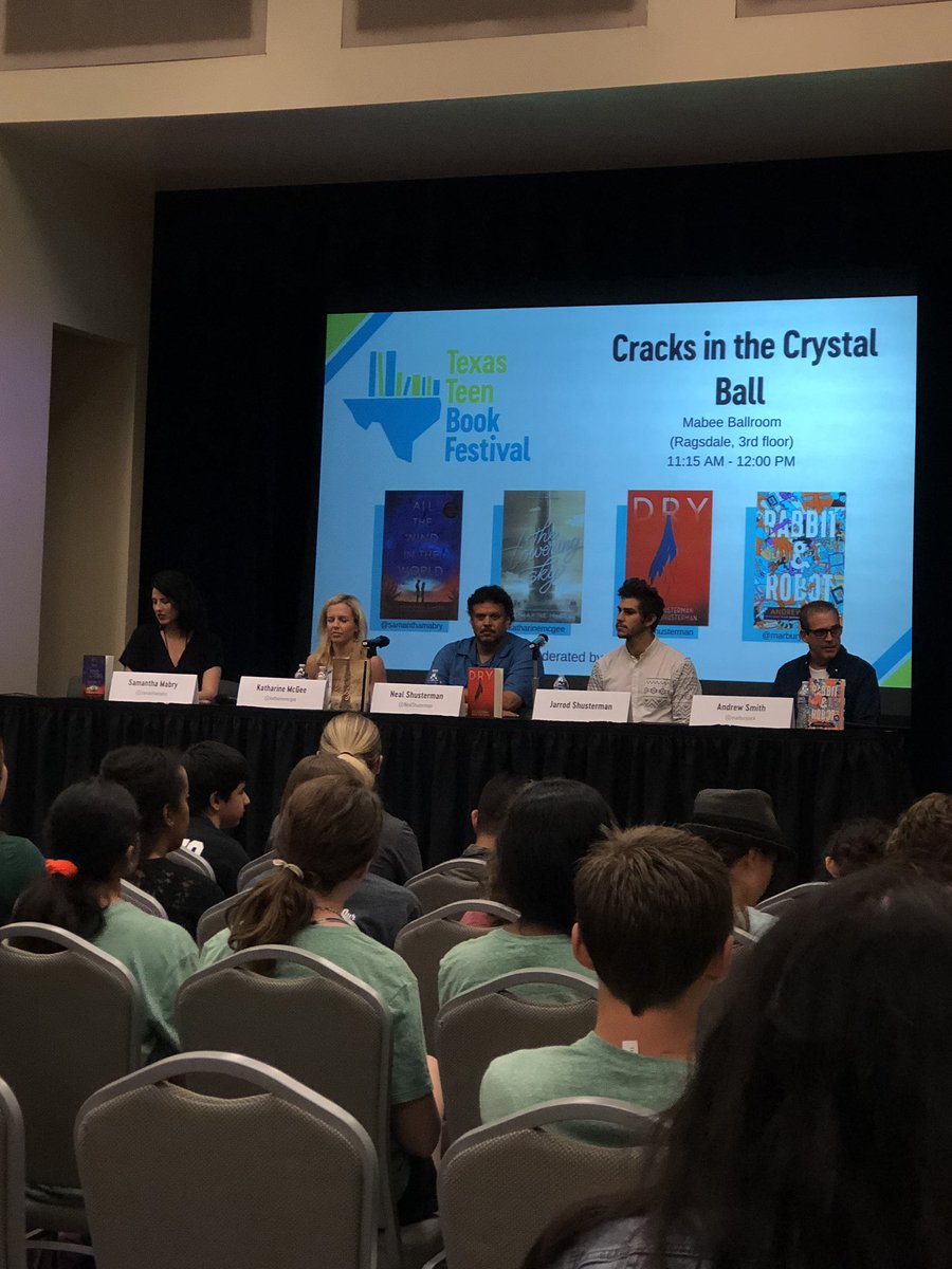 NerdyBookBook's tweet photo. First panel of the day Cracks in the Crystal Ball with @samanthamabry @katharinemcgee @NealShusterman @marburyjack #TTBF18 https://t.co/KYyyixKWAs