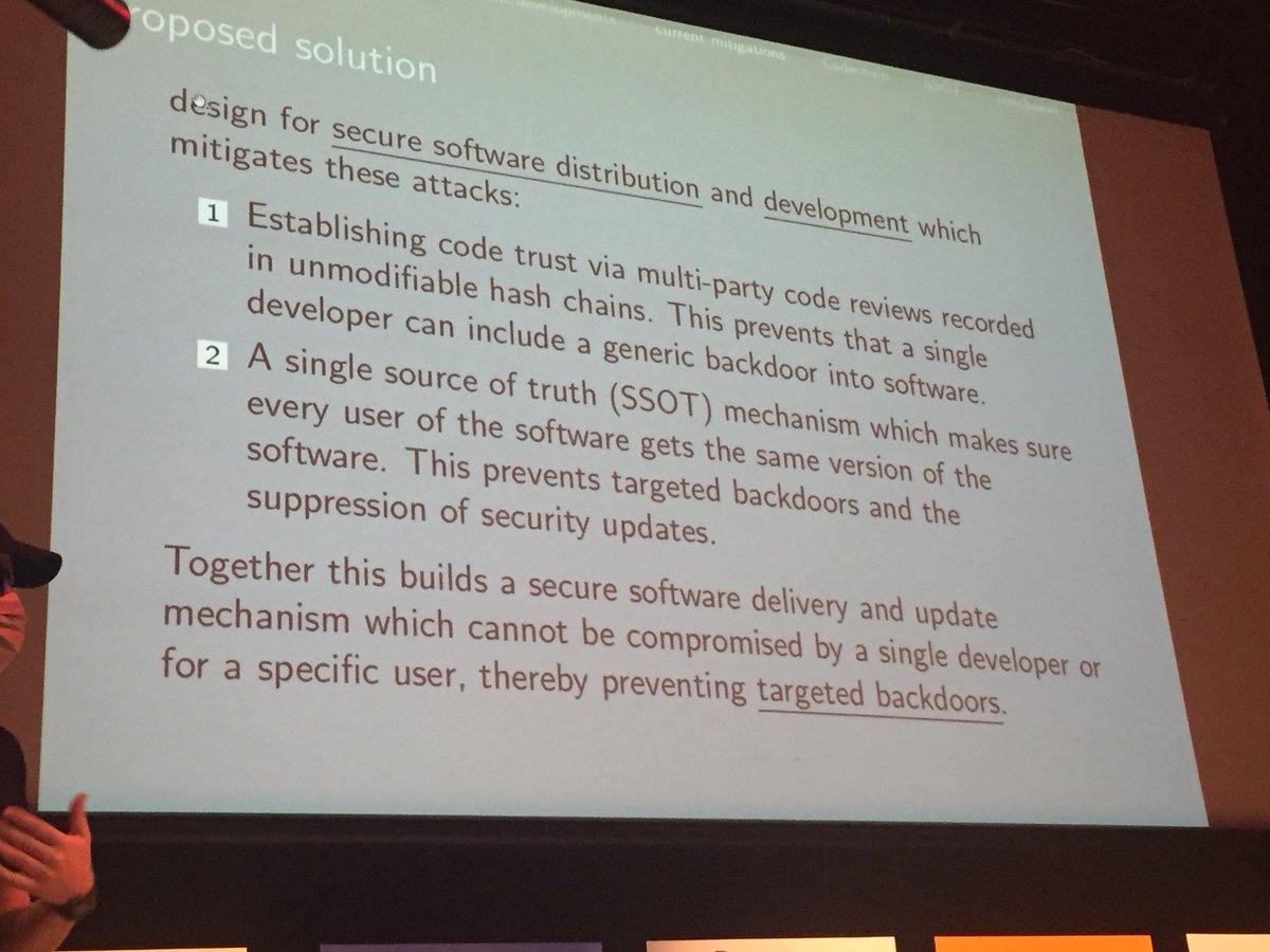 j32804's tweet photo. Fighting targeted backdoors with secure multiparty code reviews & a single source of truth at #hcpp18 by @thefrankbraun beta here https://t.co/irkOZ2g6VA full talk to be published by @paralelnapolis #hashchain #integrity https://t.co/dkaV60BwKZ
