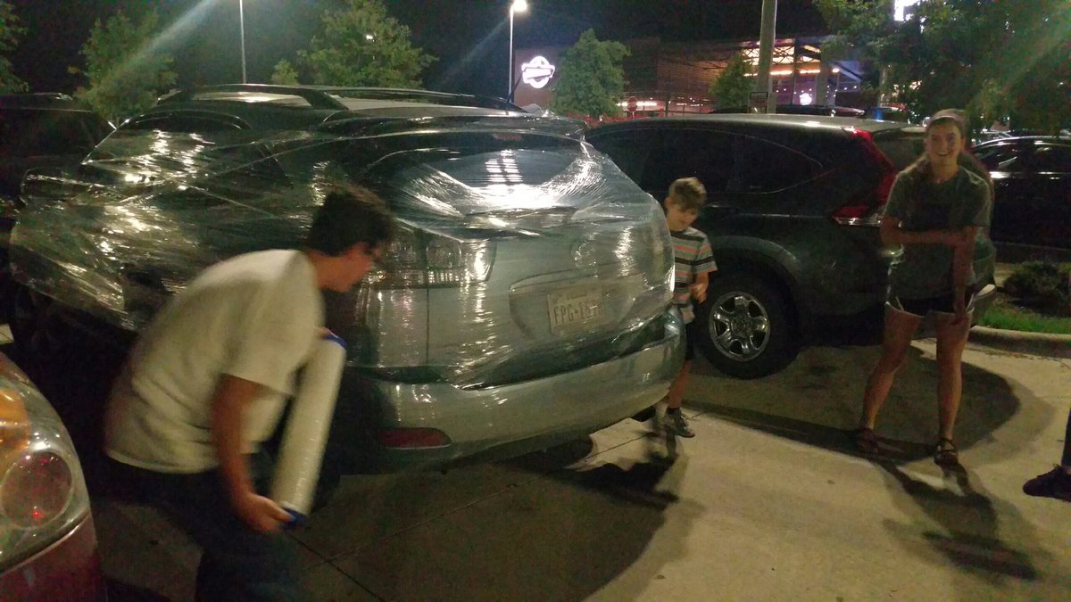 Mooreofally's tweet photo. Saran-wrapping my boyfriend's car in the middle of the night...genius  ❤️Love you Collin!😂💕@collinepicmillr https://t.co/3wdsZsTJrW