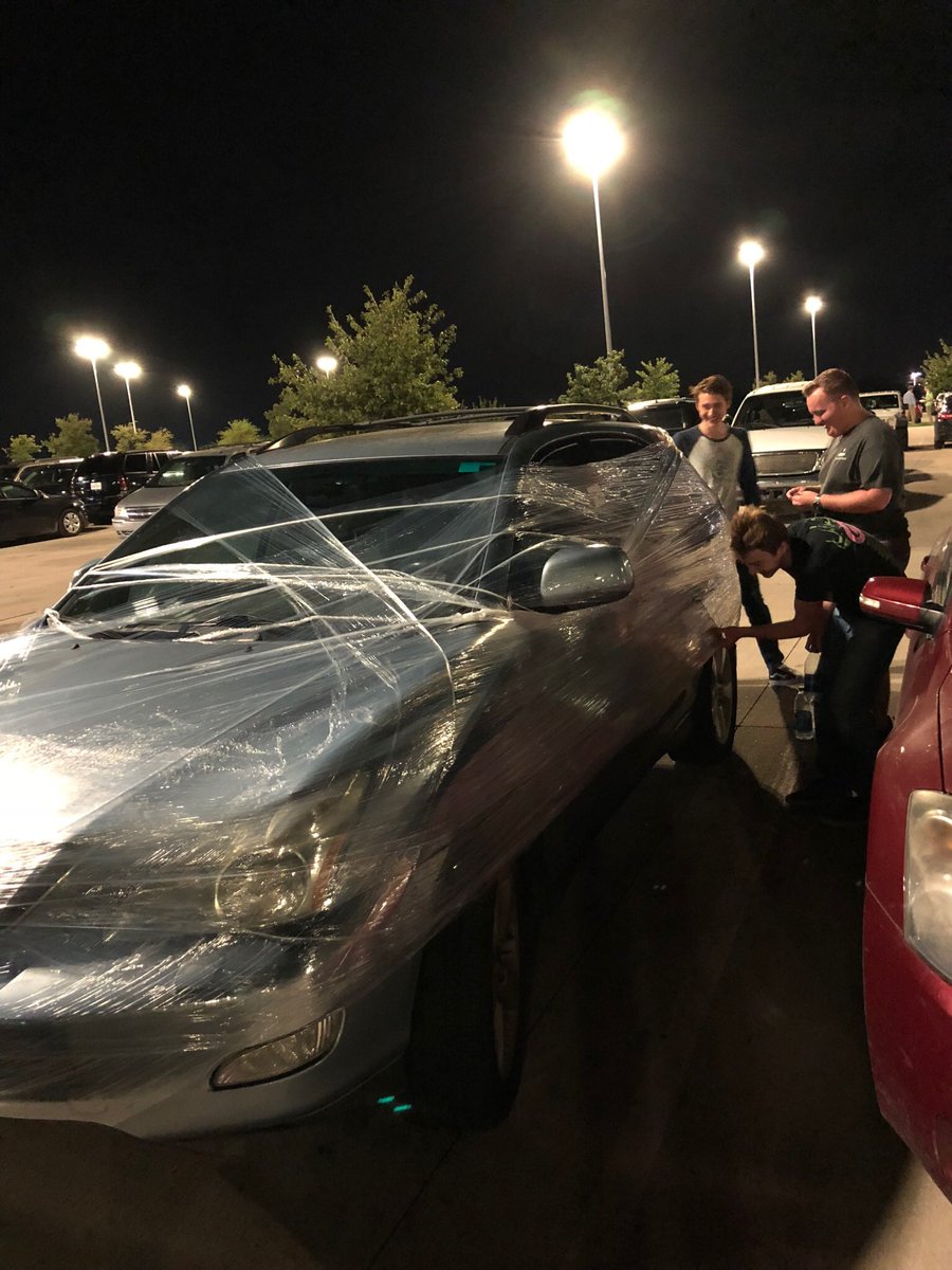 Mooreofally's tweet photo. Saran-wrapping my boyfriend's car in the middle of the night...genius  ❤️Love you Collin!😂💕@collinepicmillr https://t.co/3wdsZsTJrW