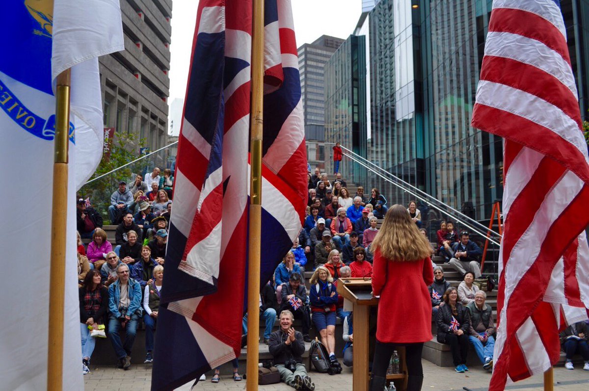 UKinBoston's tweet photo. Huzzah, loyal subjects! Consul General @harryvx was delighted to welcome Her Majesty’s troops back to Boston 250 years after they landed in 1768.
#BostonOccupied starts now, so come see them on Boston Common while we raise the Union Flag. Good luck getting it down this time. 🇬🇧 https://t.co/lxPnbtdpsC