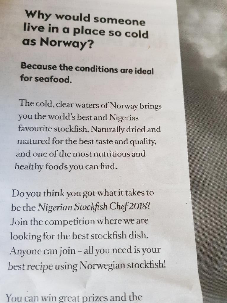 BBoason's tweet photo. This is how #Norway is marketing it's #panla or stockfish for the #Nigerian market. Full page advertorial in today's @MobilePunch https://t.co/9ctrR1dBKM