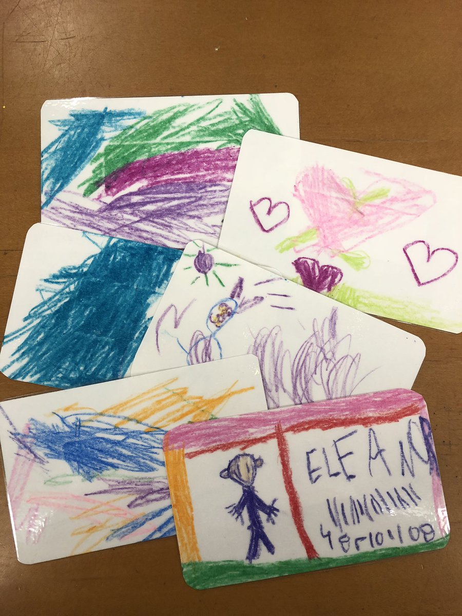 MrDietteReads's tweet photo. Kindergarten library cards...  I love that one of them made her own bar code.  #ElementaryLMS #LoveMyJob https://t.co/KvwWVITQpz