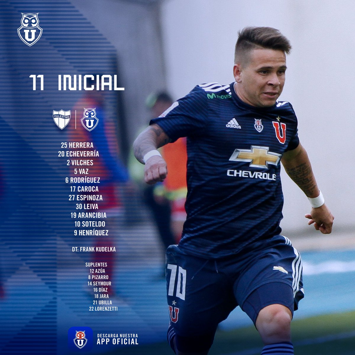 udechile's tweet photo. Los elegidos por Kudelka para enfrentar a @CDPalestinoSADP 👏
#NuncaFuimosSolo11 #VamosLaU 🤘 https://t.co/RLsR5q5Xpd