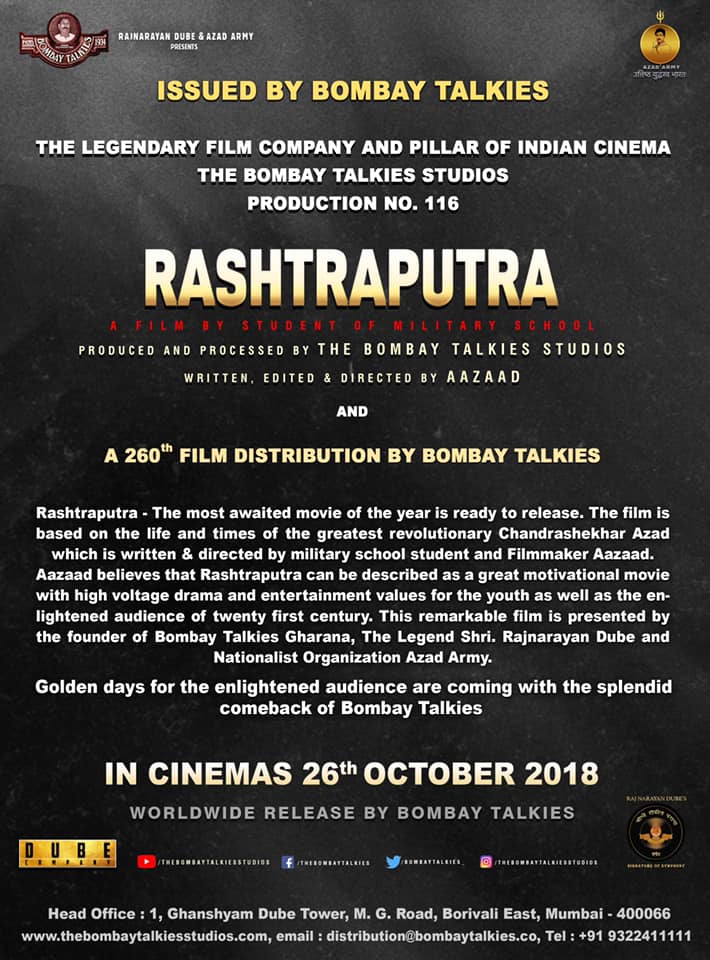 MaharishiAazaad's tweet photo. 👉”RASHTRAPUTRA”Releasing Worldwide on 26th October 2018👇🚩🚩🚩🚩🚩🚩
#Rashtraputra #ChandrashekharAzad #Aazaad #VandeMataram #BombayTalkies #Movie #Films #TheBombayTalkiesStudios #AzadArmy #JNU https://t.co/3LDjkuq5El