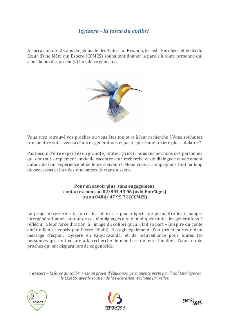 mulindwa_m's tweet photo. partenariat CCMES ENTR'AGES, venez ce 10 nov découvrir icyizere-la force du colibri https://t.co/j22IObOX5l