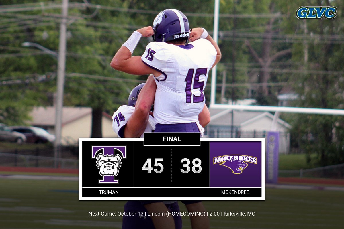 TrumanAthletics's tweet photo. For the third-straight week.......

HOW BOUT THOSE BULLDOGS?!?!

@TSUBulldogFB FLEXES its muscles and holds on for the win over McKendree despite TWO lightning delays!

Truman is back to .500 overall, two games up in @GLVCsports play and comes home to host Lincoln in a week! https://t.co/QOetYtnLKT