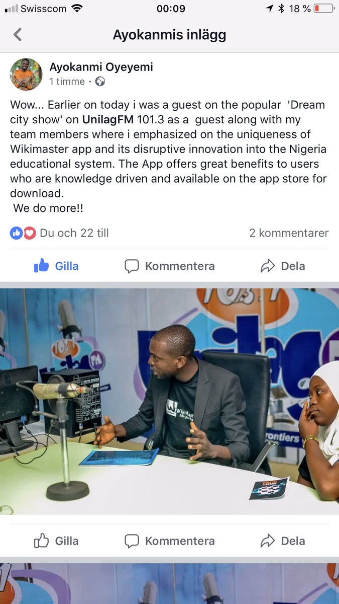 WikiMasters's tweet photo. WikiMaster Community in Nigeria at UnilagFM 101.3 radio with Ayokanmi Oyeyemi in studio and interview with our grand #WikiMaster Peter Alabi on phone about the app being used for #education in #Nigeria with @Wikipedia @WikipediaNg https://t.co/fwG0wLxgud