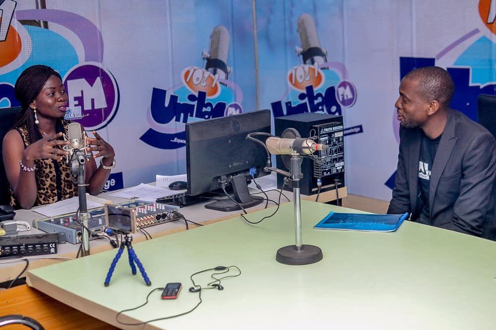 WikiMasters's tweet photo. WikiMaster Community in Nigeria at UnilagFM 101.3 radio with Ayokanmi Oyeyemi in studio and interview with our grand #WikiMaster Peter Alabi on phone about the app being used for #education in #Nigeria with @Wikipedia @WikipediaNg https://t.co/fwG0wLxgud