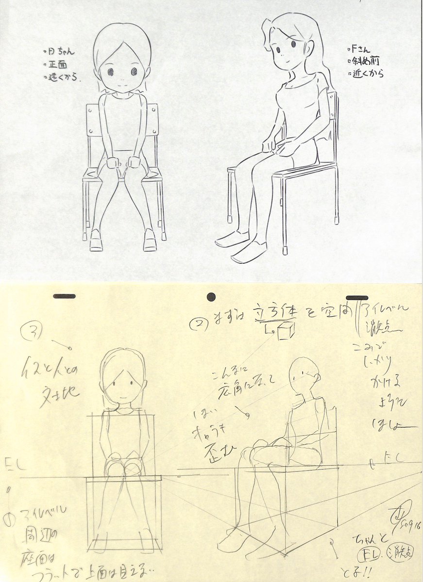 アニメ私塾 椅子と人 アイレベル高さ45センチ プロ養成コース添削例 まず椅子 立方体をしっかりと描く アイレベル周辺の座面上はほとんど見えない 高さごとの各所の断面を意識してキャラクターをのせる 視点の遠近によりキャラのパース