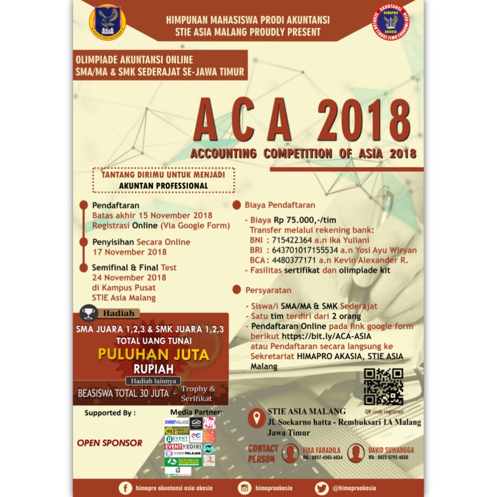 Yuk ikutan Olimpiade Akuntansi ACA 2018. Dibuka untuk SMA/MA dan SMK Sederajat. Kalian jago ngitung, jago sama angka tantang kemampuan kalian disini. 
#olimpiadeakuntansi
#himaproakasia
#ACA2018
#stieasia