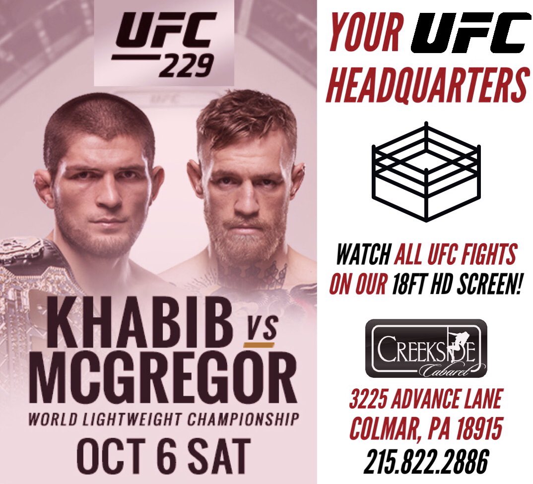 CreeksideCGC's tweet photo. 🥊 Let’s Go‼️ Only a few hours until the most anticipated UFC fight ever, LIVE on our 18ft HD screen‼️ #ufc229 #ufc #CreeksideCabaret #JHPufc #joehandpromotions https://t.co/QhhFfj8h5K