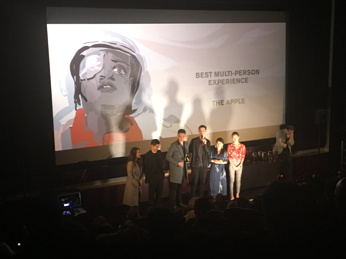 Raindance's tweet photo. The award for Best Multi-Person Experience goes to The Apple by Bin Gu, Kaoru Naito and Liquan Liu. cc: @YueChengTech #VR #Awards https://t.co/KiumuxOBam