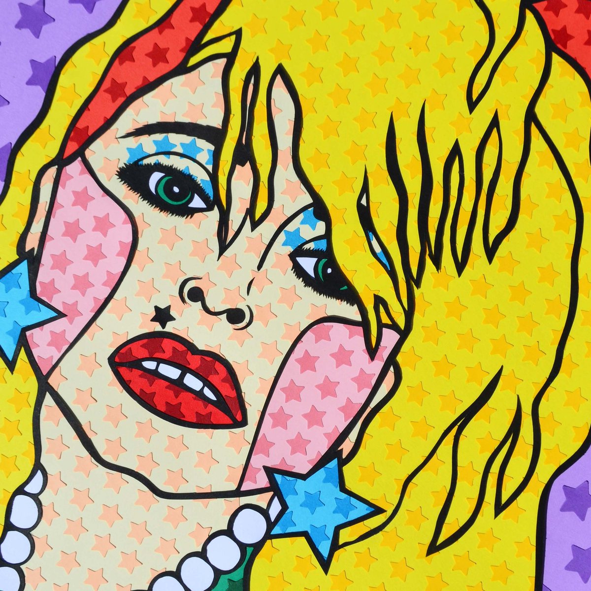 FlorrieAndMe's tweet photo. Close up shot of 80's Madonna against the purple star filled background. Outline hand drawn and hand cut, stars hand stamped out of complimenting paper and individually glued into place! I heart her, hope you do too!  Xx #paperart #artist #art #popart #femaleartist #madonna https://t.co/BzpF8h0zEA