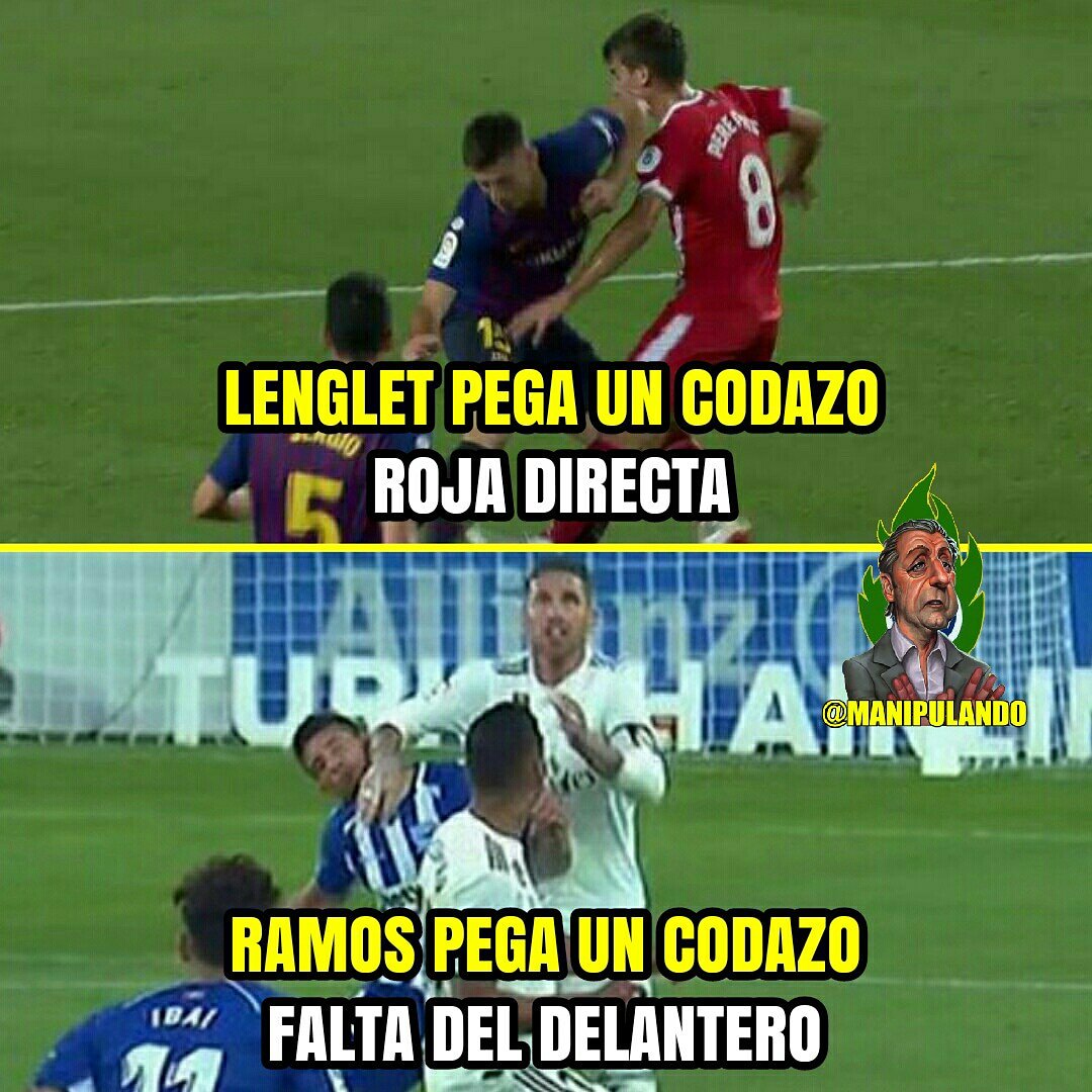 Manipulando_'s tweet photo. Codazo de Lenglet:  Roja directa 

Codazo de Ramos:  Falta del delantero https://t.co/xvRzsAigmp
