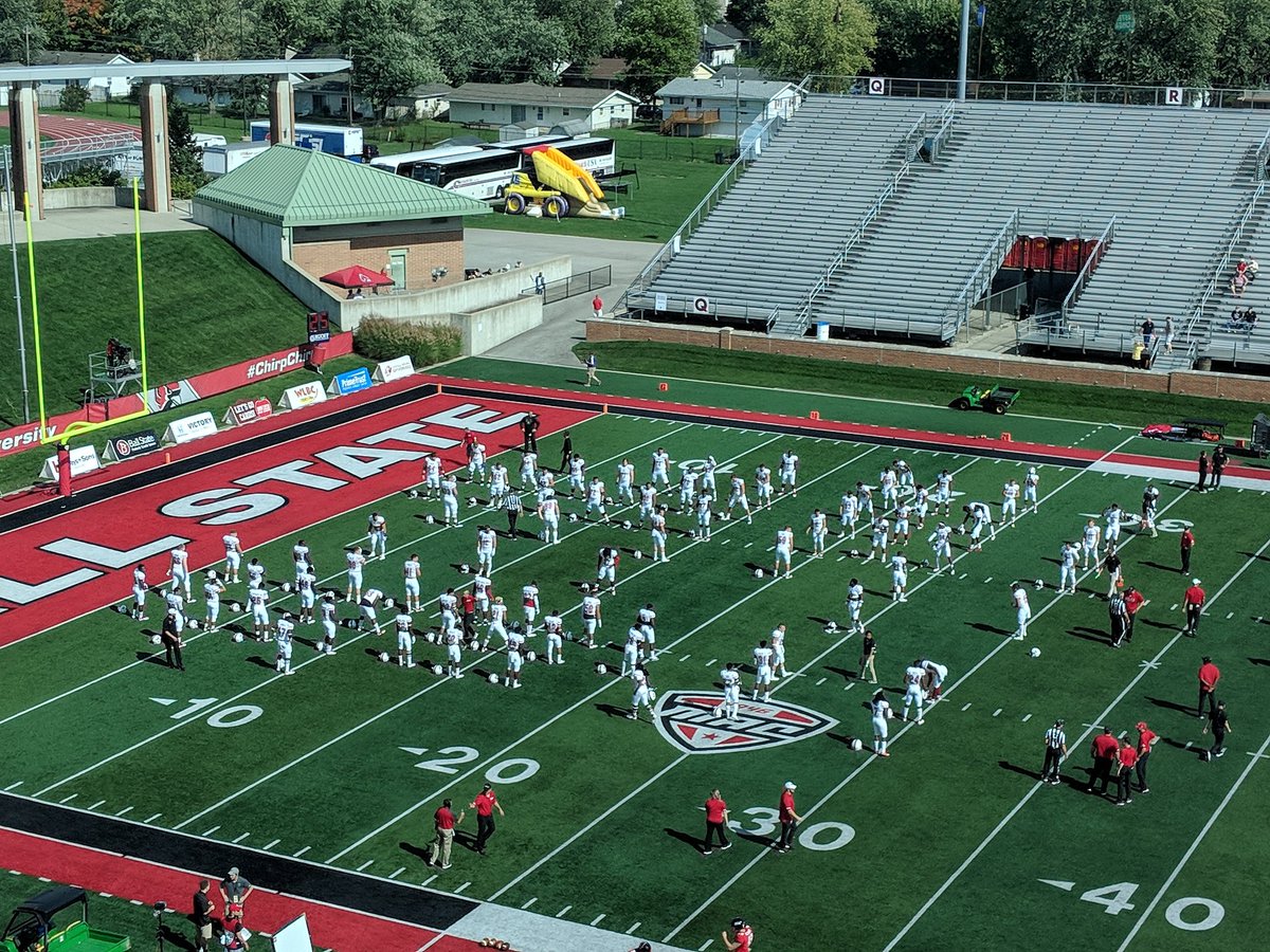 NIUAthletics's tweet photo. All the Huskies on the field for pregame warmups here at Ball State! Kickoff in 35 minutes on ESPN3. #StalkWeek #StalkGame https://t.co/F4eoy6Hqgl