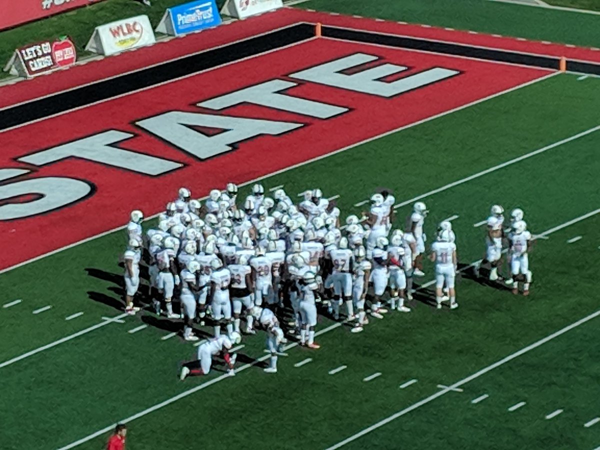 NIUAthletics's tweet photo. All the Huskies on the field for pregame warmups here at Ball State! Kickoff in 35 minutes on ESPN3. #StalkWeek #StalkGame https://t.co/F4eoy6Hqgl